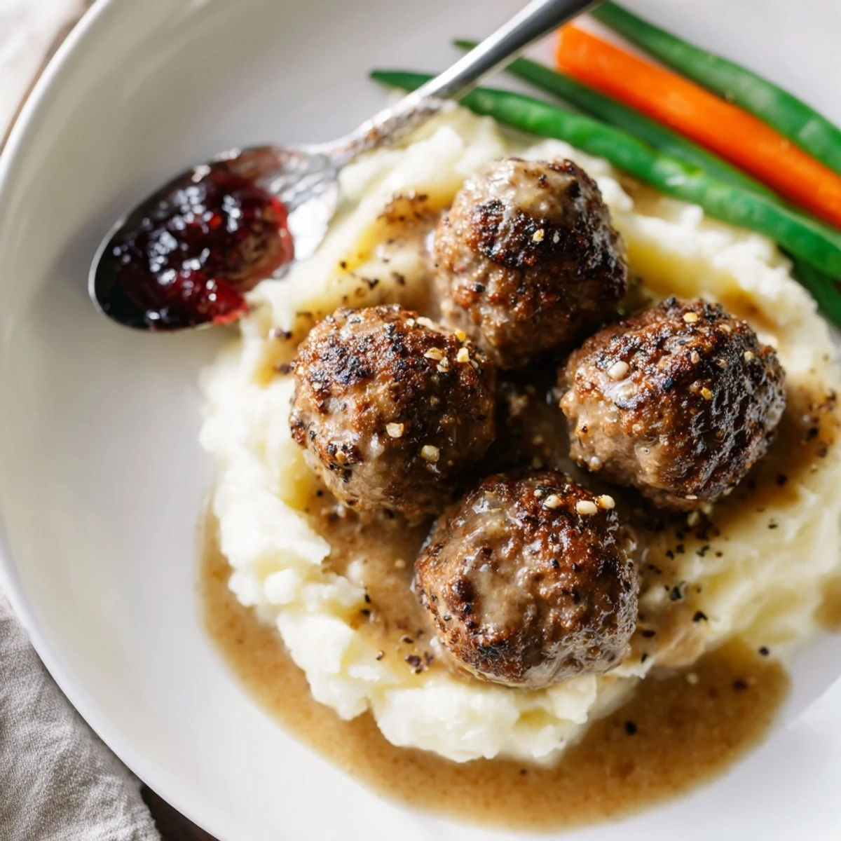 Skillet-browned Homemade Ikea Meatballs simmering in rich sauce, lingonberry jam nearby.