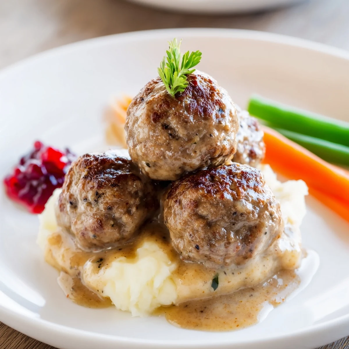 Hand-rolled Homemade Ikea Meatballs, tender inside, crisply seared exterior beside carrots.