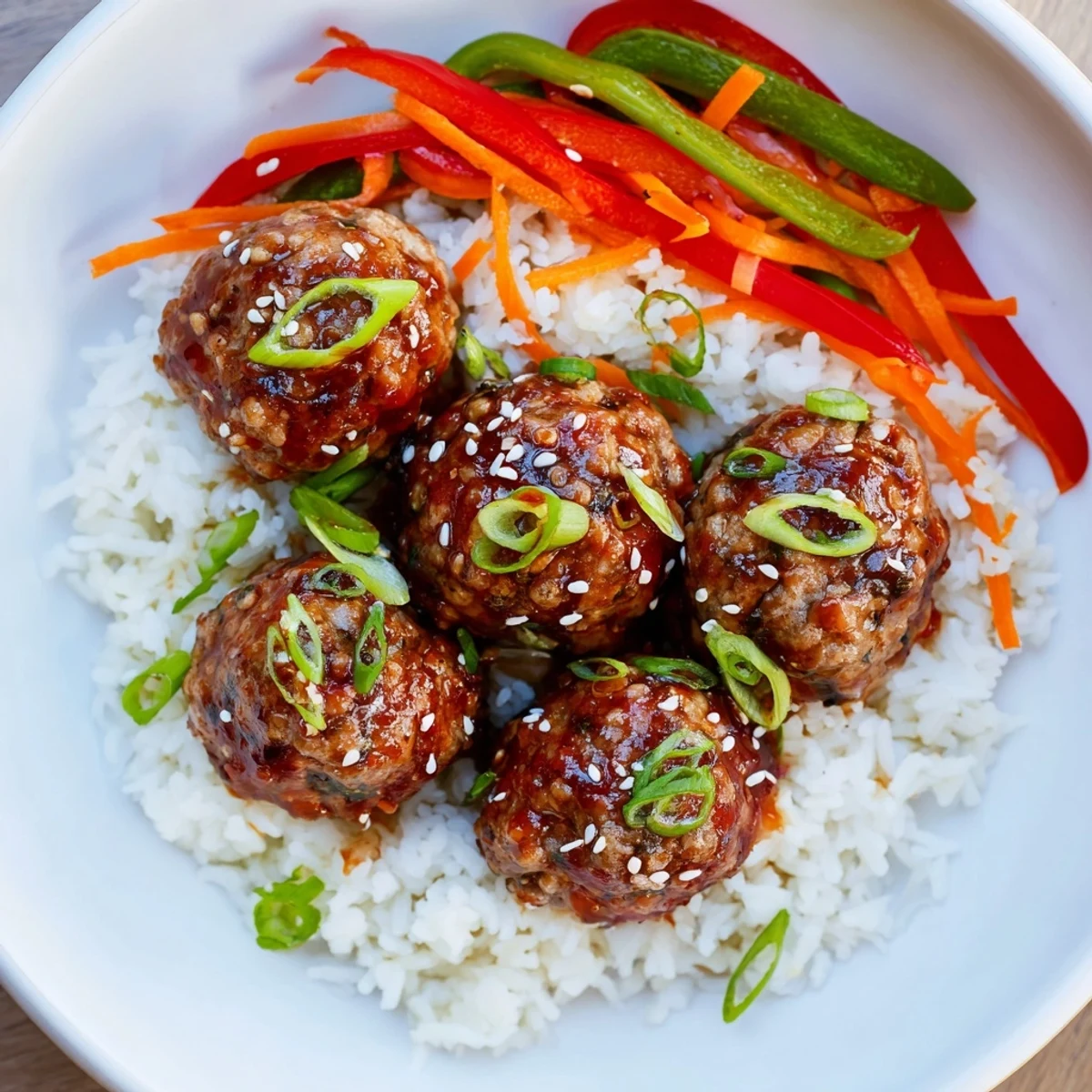 Steaming Hello Fresh Firecracker Meatballs glazed in fiery sauce over jasmine rice.