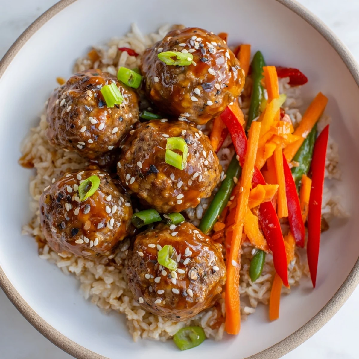Plate of Hello Fresh Firecracker Meatballs served with fluffy jasmine rice, crisp vegetables.