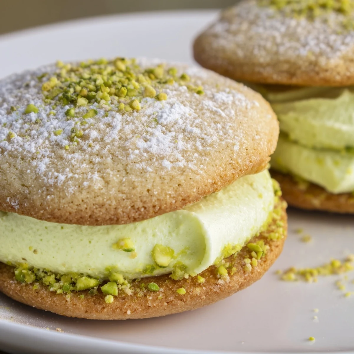 Pistachio Cream Cookies Recipe: buttery sandwich cookies with green filling dusted pistachios