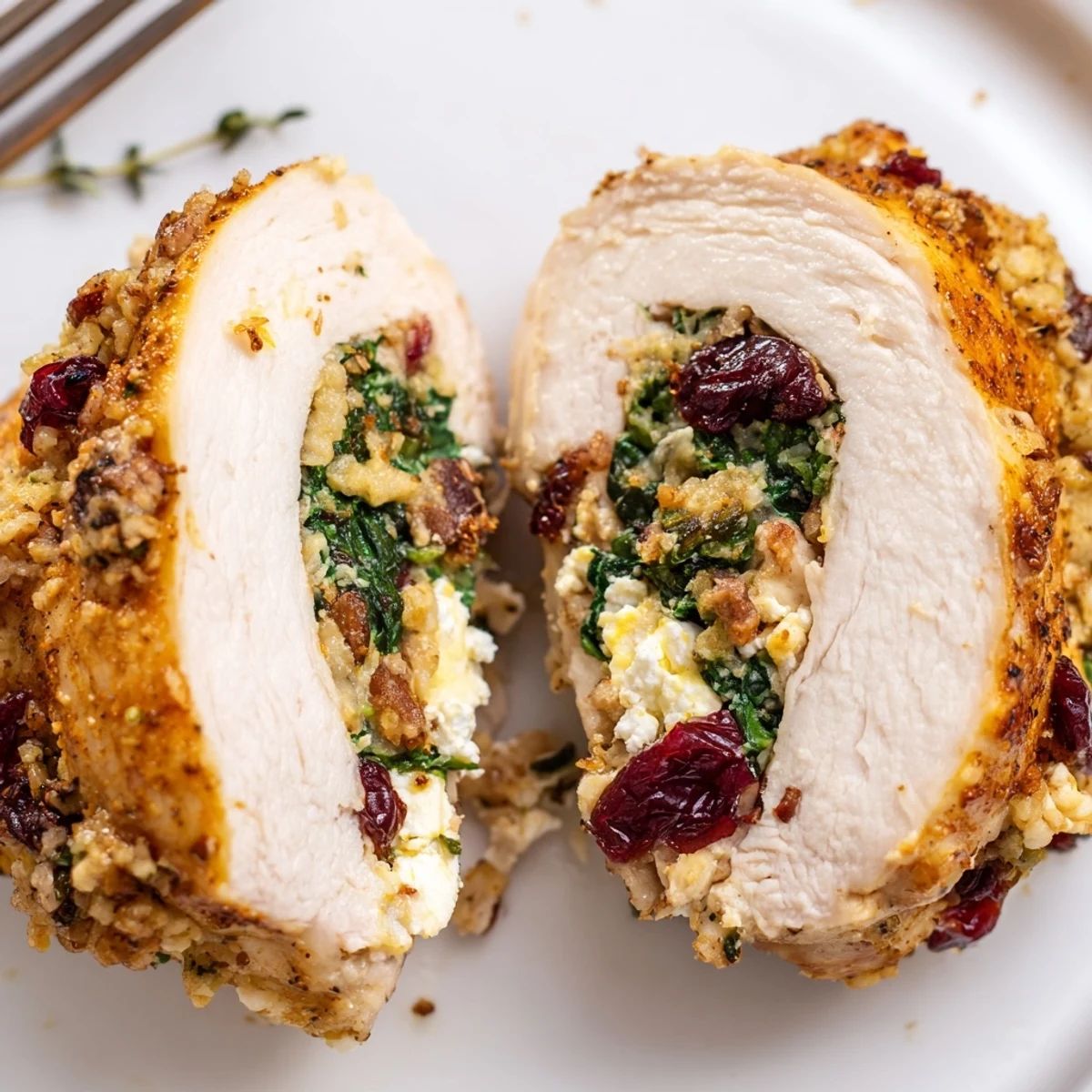 Cranberry Spinach Stuffed Chicken Breasts sliced to reveal creamy, tangy filling  