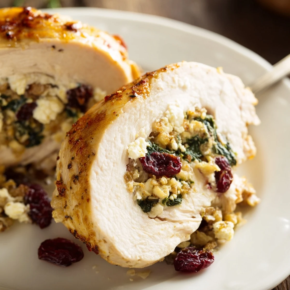 Oven-browned Cranberry Spinach Stuffed Chicken Breasts resting on parchment, juices glistening  