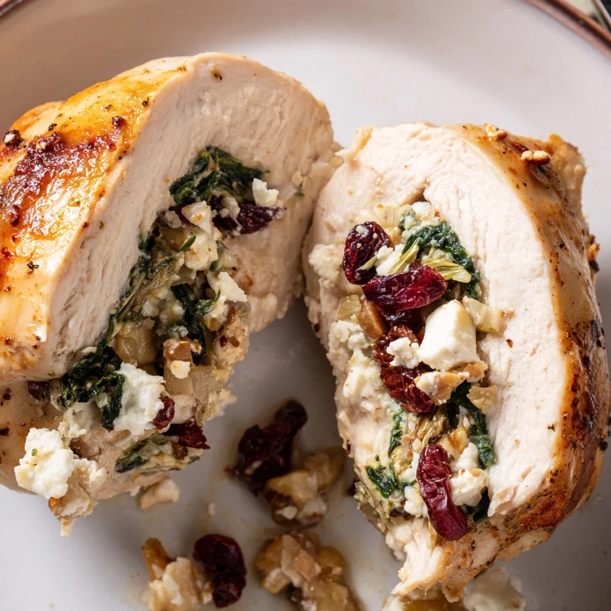 Plated Cranberry Spinach Stuffed Chicken Breasts beside wild rice, vibrant cranberry contrast