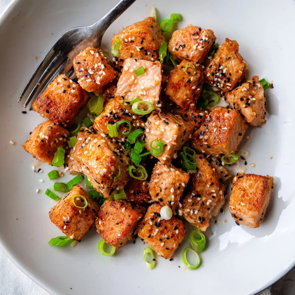 Crispy Bang Bang Salmon Bites Recipe tossed in creamy spicy sauce, scallions  