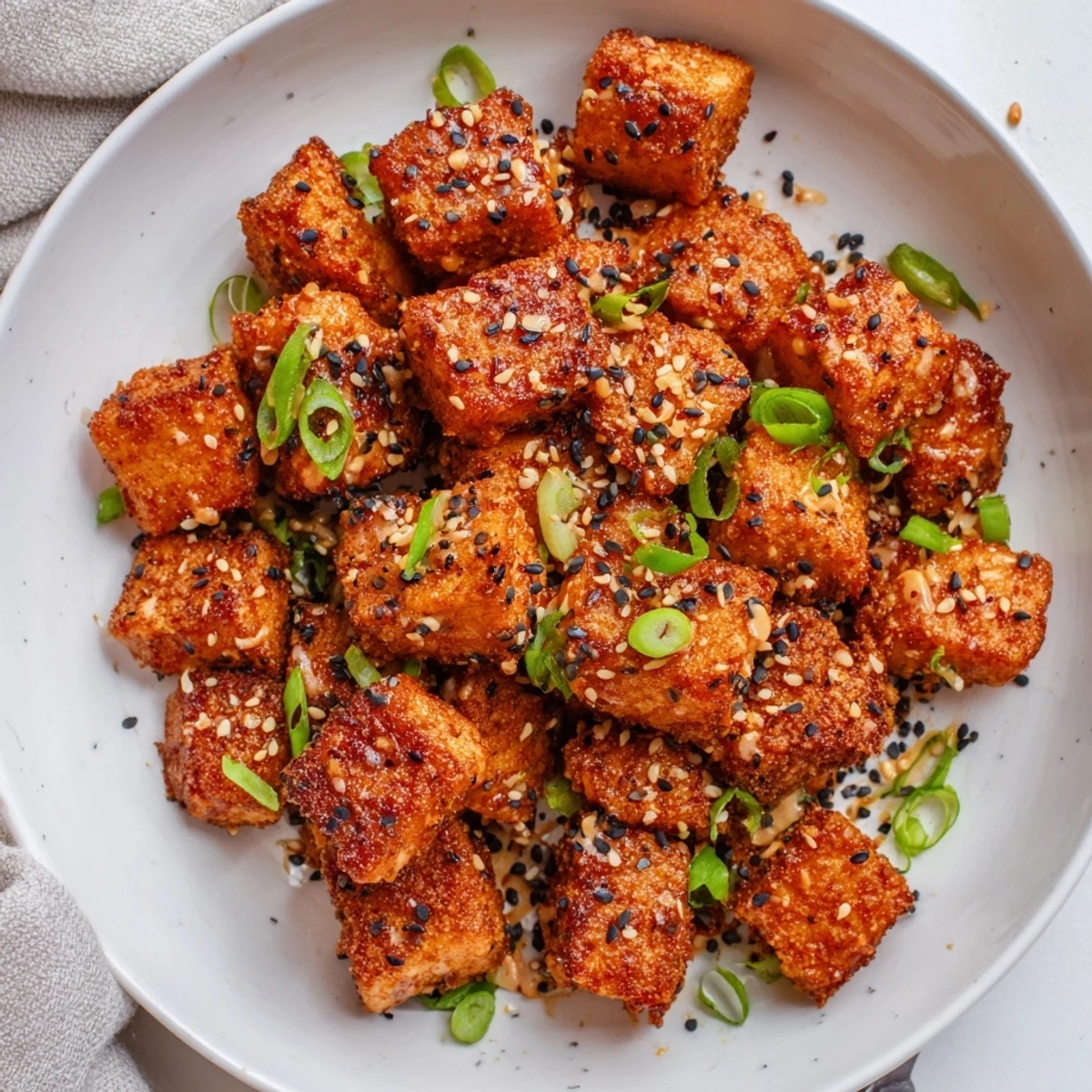 Pan-fried Bang Bang Salmon Bites Recipe glistening with sauce over jasmine rice  