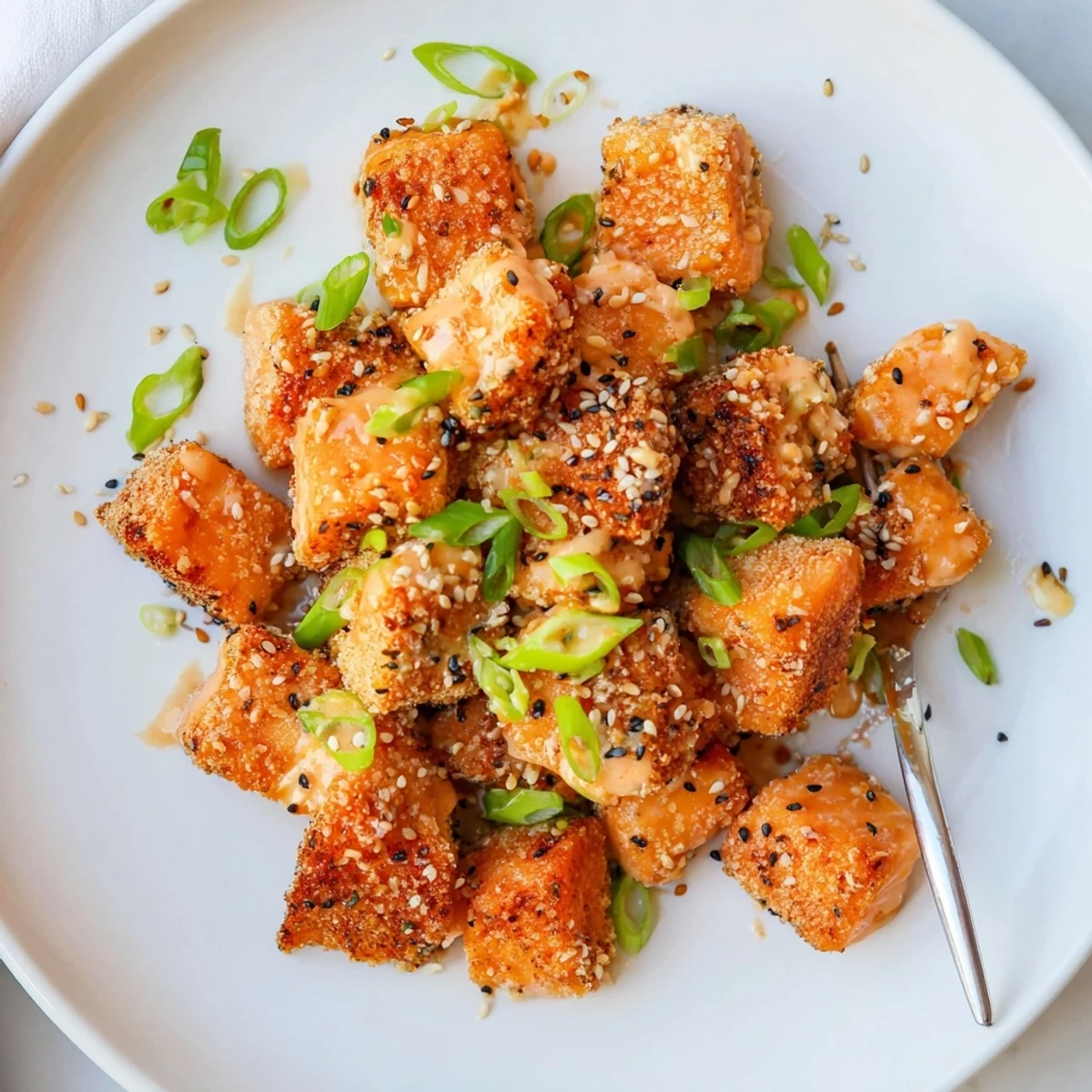 Party-ready Bang Bang Salmon Bites Recipe with golden crust, sesame, green onions