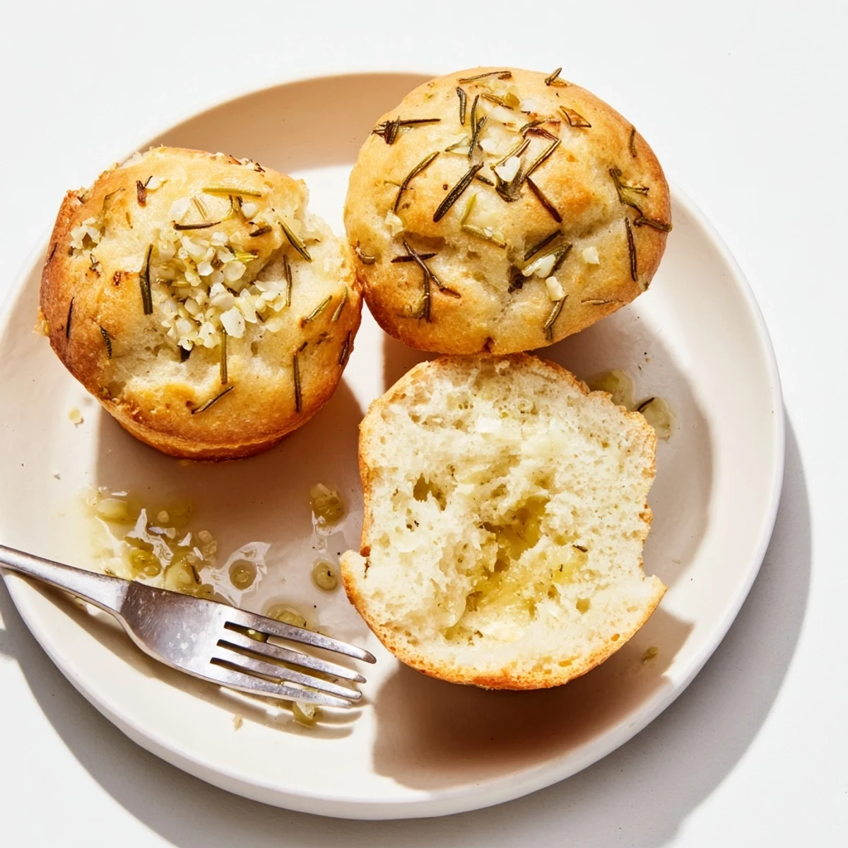 Freshly baked Garlic Rosemary Focaccia Muffins served warm with olive oil dip