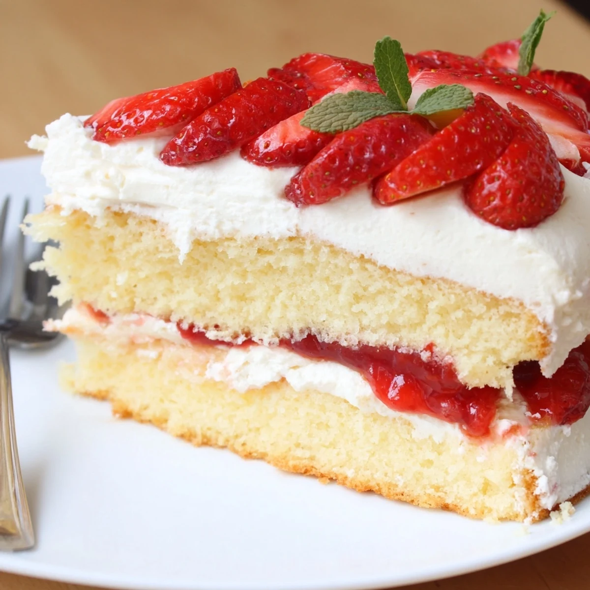Strawberries And Cream Sponge Cake topped with glossy berries and soft whipped cream