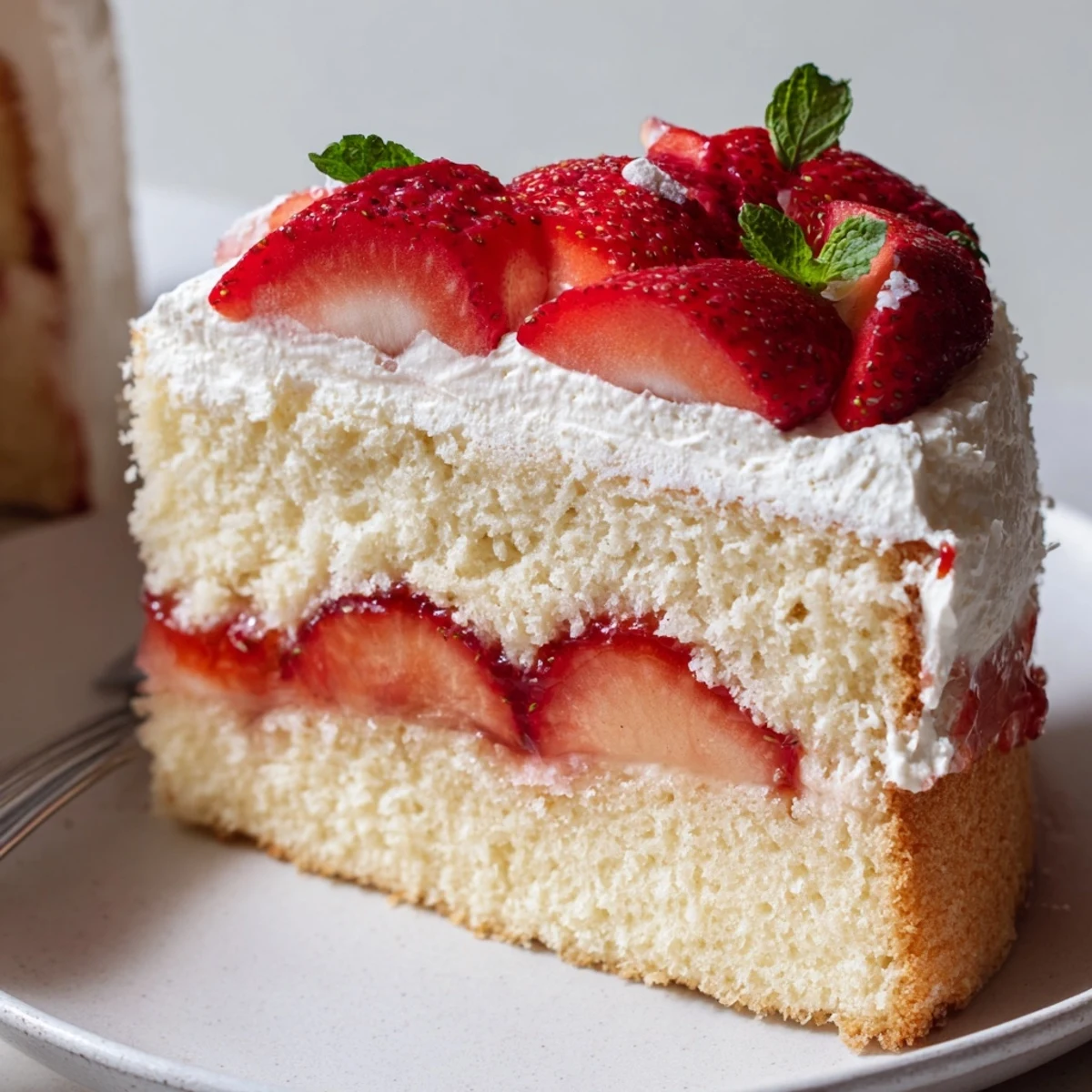 A sliced Strawberries And Cream Sponge Cake showing airy layers and juicy strawberries