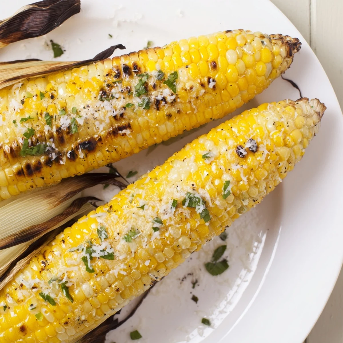 Close-up of Garlic Parmesan Corn On The Cob brushed with melting garlic butter