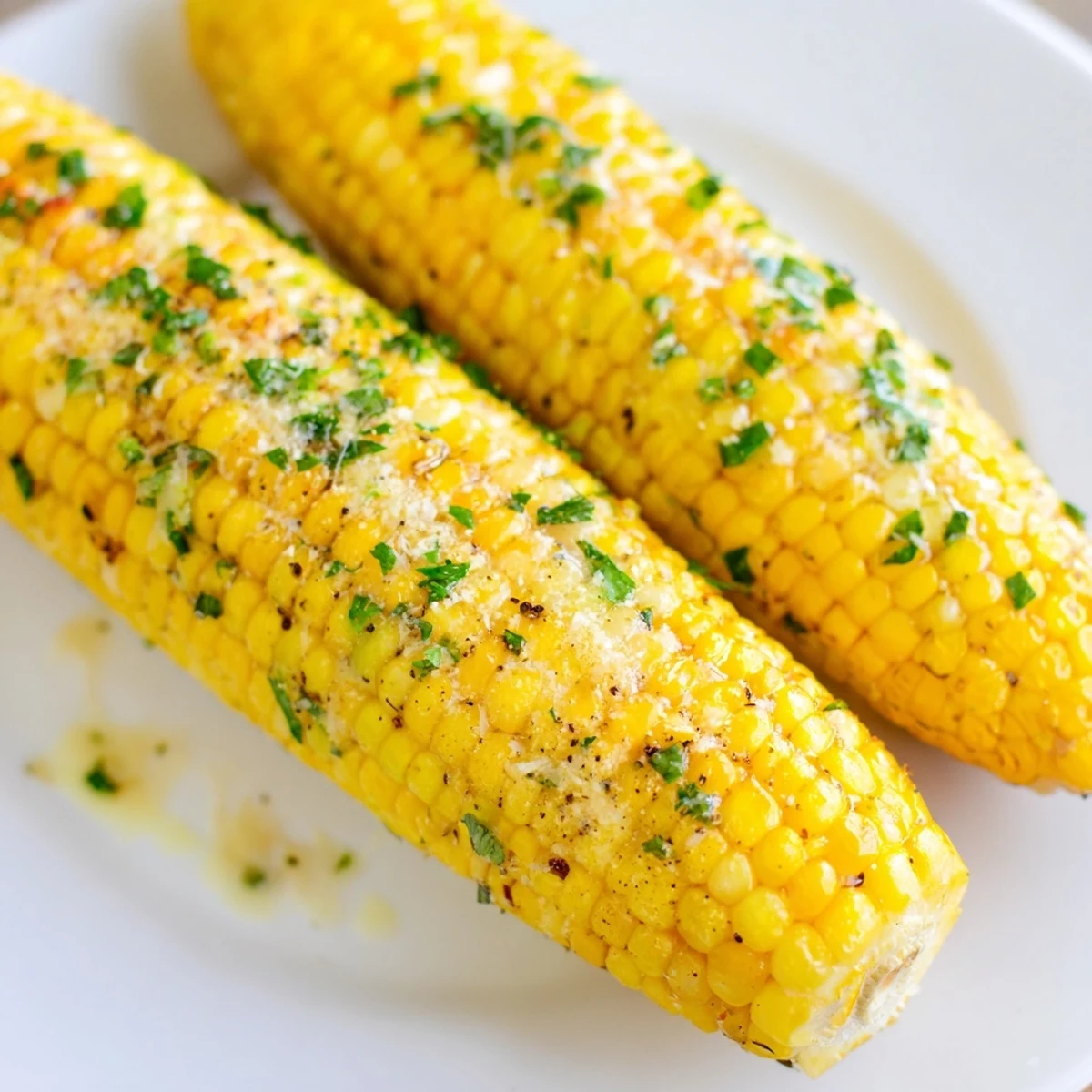 Skewered Garlic Parmesan Corn On The Cob served hot with lemon wedge