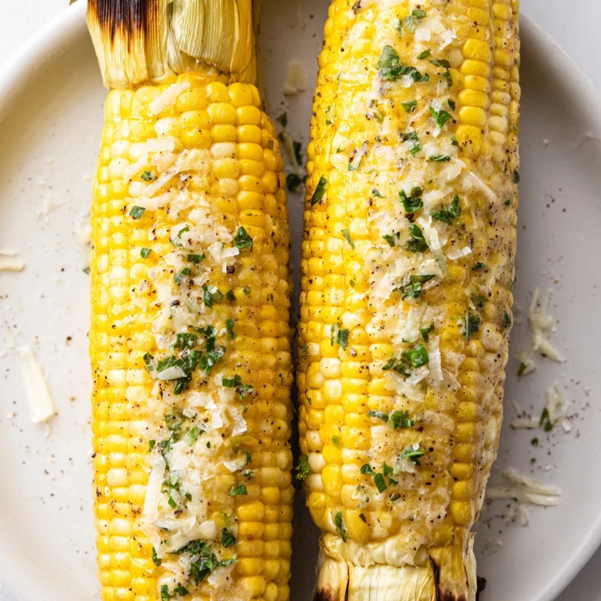 Hands holding Garlic Parmesan Corn On The Cob charred edges, sprinkled parsley