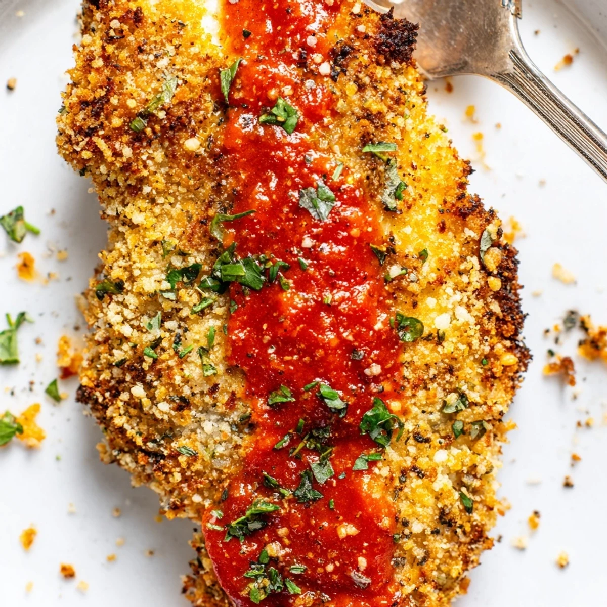 Parmesan Roasted Red Pepper Chicken with golden crust and smoky sauce spooned over