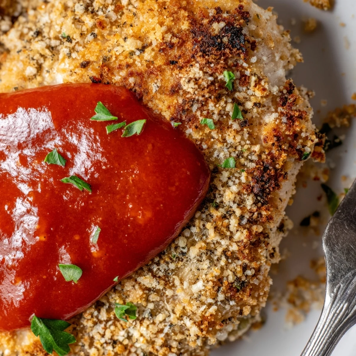 Sliced Parmesan Roasted Red Pepper Chicken over creamy polenta, bright parsley sprinkle