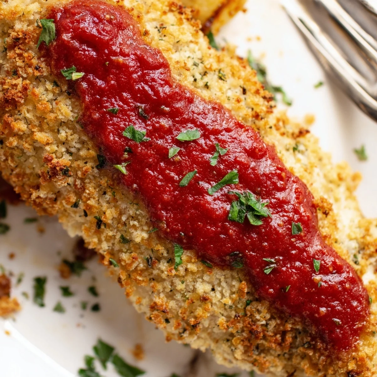Oven baked Parmesan Roasted Red Pepper Chicken with crisped edges and tangy sauce drizzle