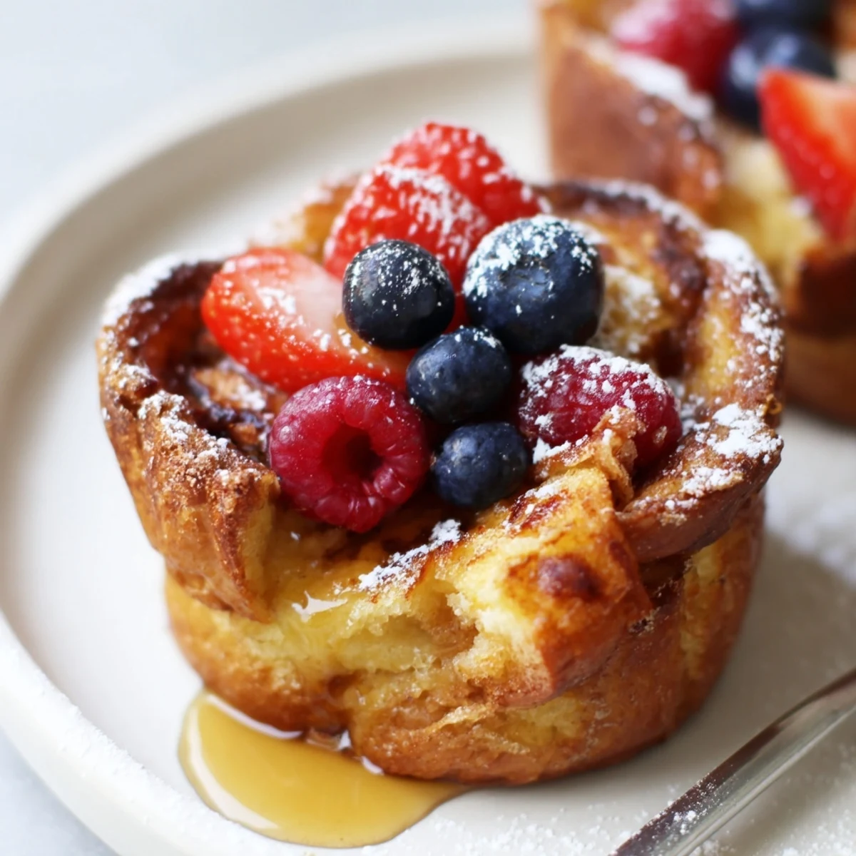Warm Baked French Toast Cups with golden crust, custardy interior, berries.