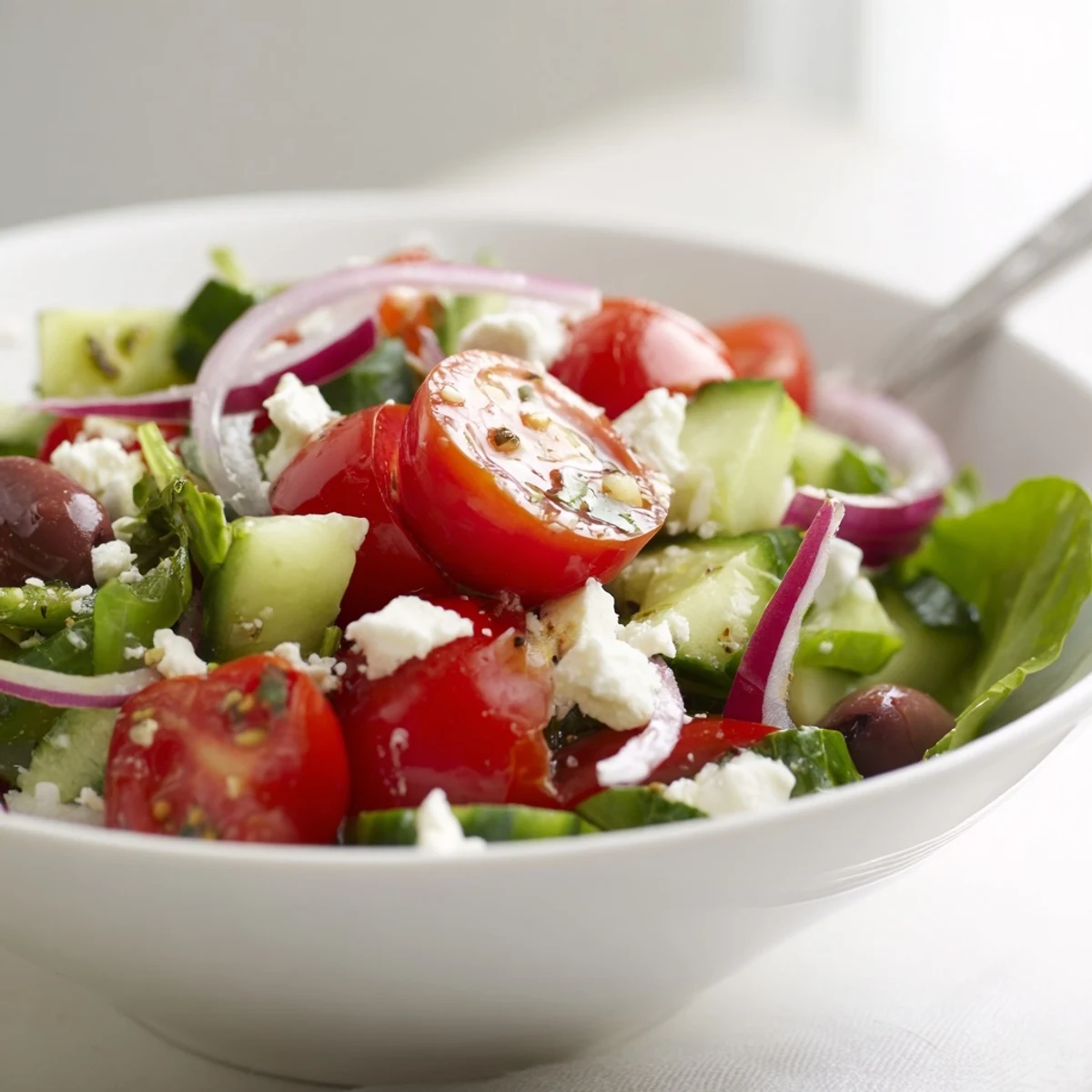 Fresh Salad Recipe with crisp cherry tomatoes, cucumber, and lemony dressing