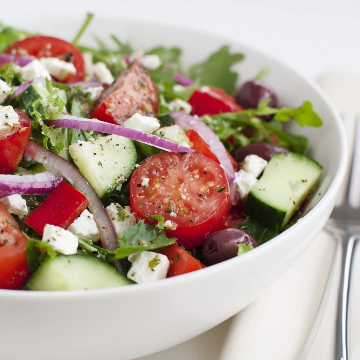 Bright Fresh Salad Recipe tossed in olive oil, feta, and herbs