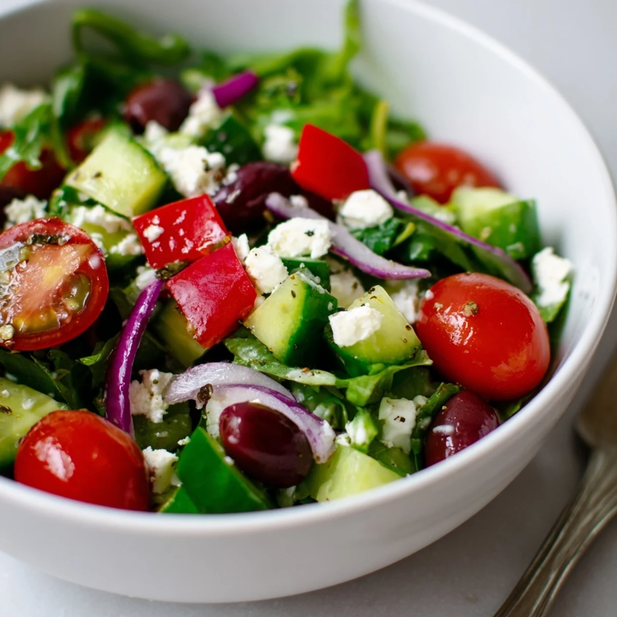 Easy Fresh Salad Recipe served immediately for crunchy greens and zesty flavor
