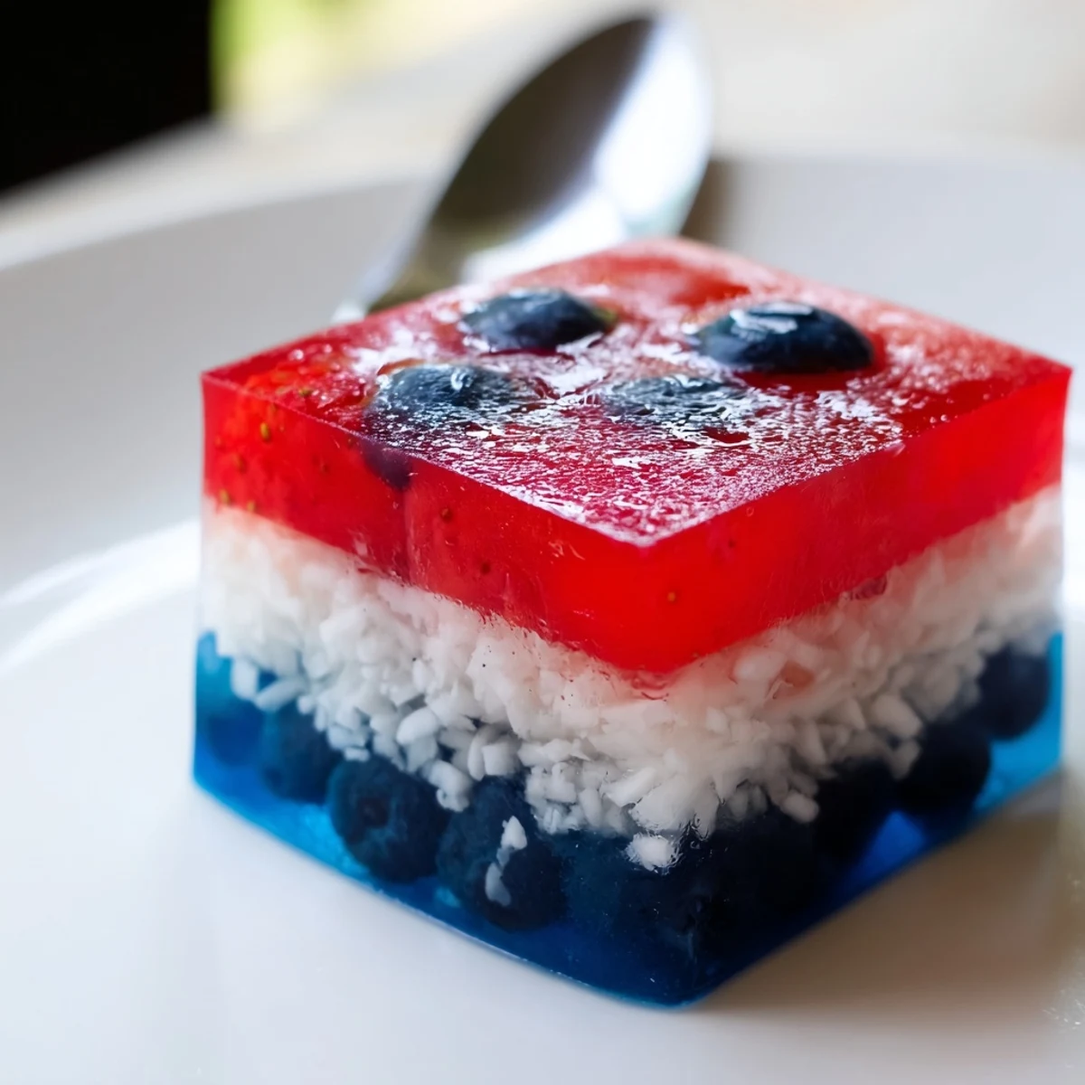 Close-up of Red White And Blue Ice Cubes Recipe chilling a sparkling lemonade.