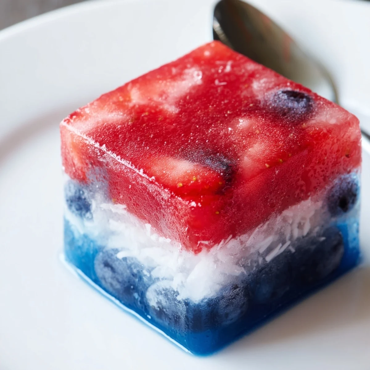 Frosty Red White And Blue Ice Cubes Recipe floating in iced cocktails.