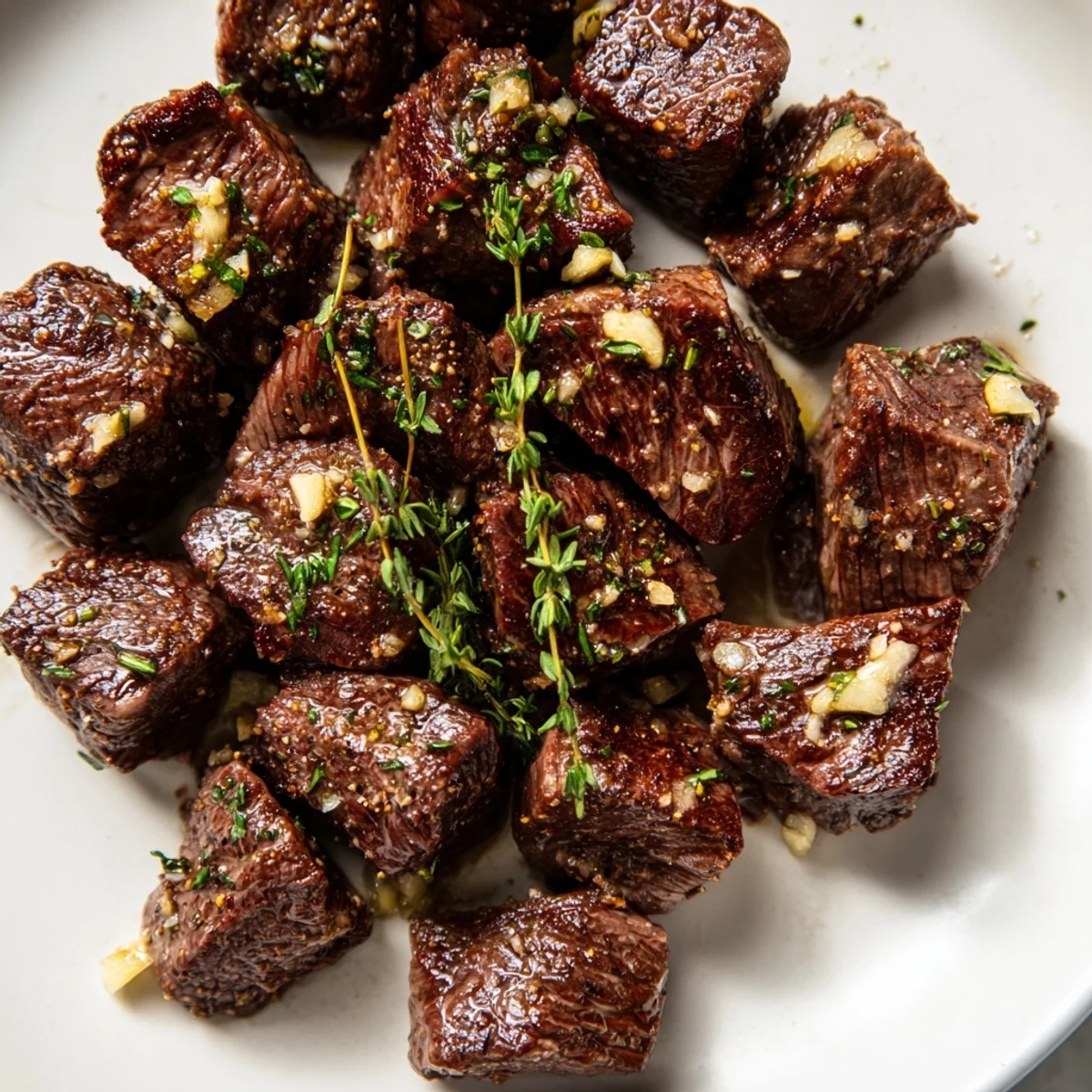 Garlic Butter Steak Bites sizzling in skillet, browned edges and glossy sauce