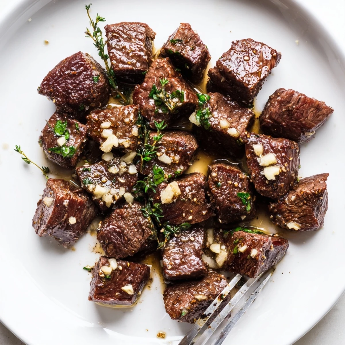 Close-up Garlic Butter Steak Bites over mashed potatoes, tender, juicy, pan-seared