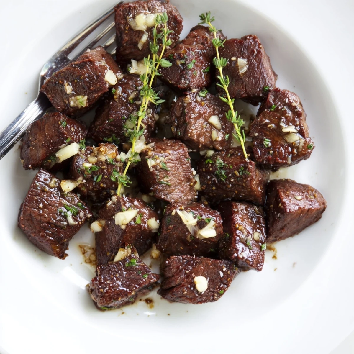 Plated Garlic Butter Steak Bites garnished with parsley, buttery aroma and juices