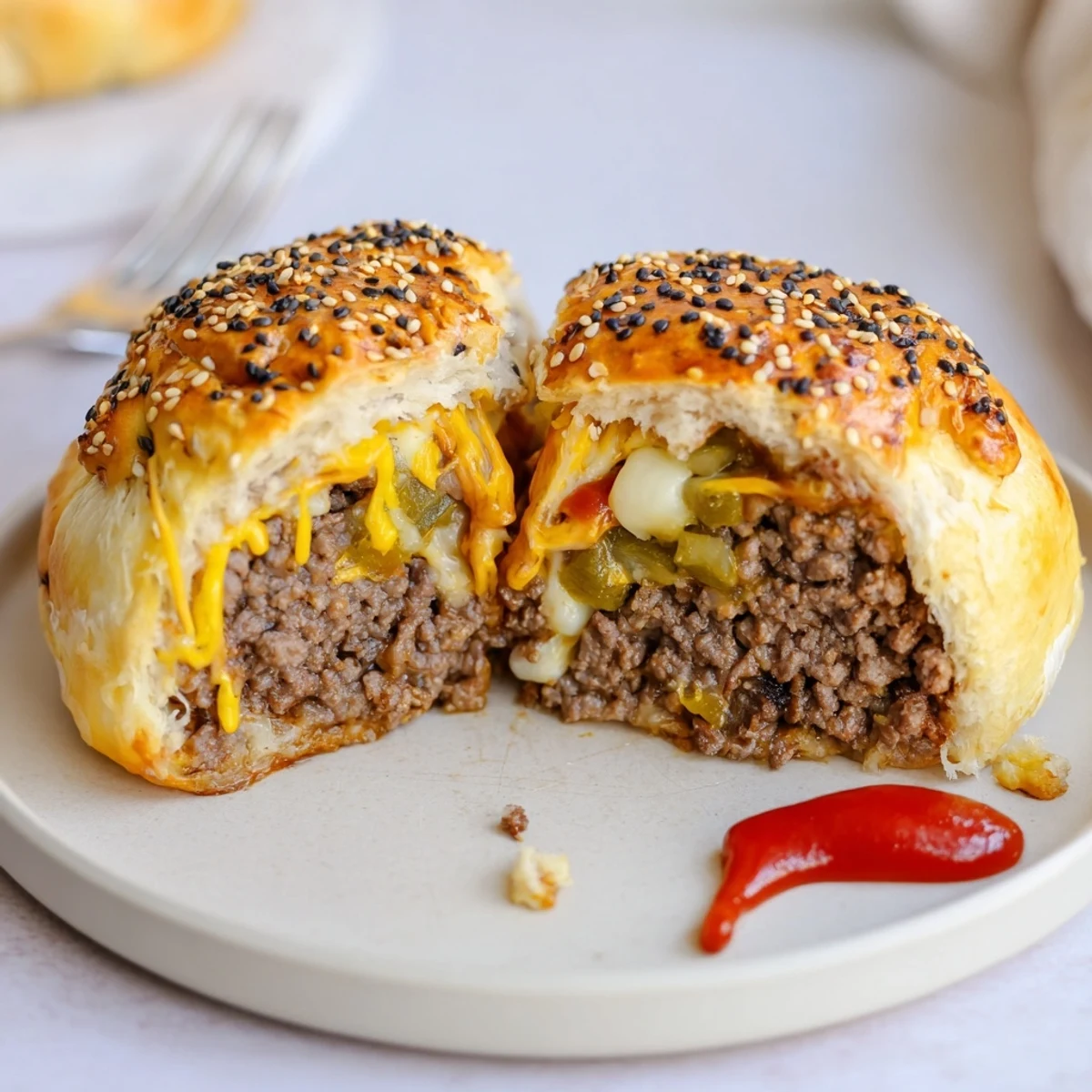 Golden baked Cheesy Cheeseburger Bombs Explosion Recipe oozing melted cheese, with sesame seeds
