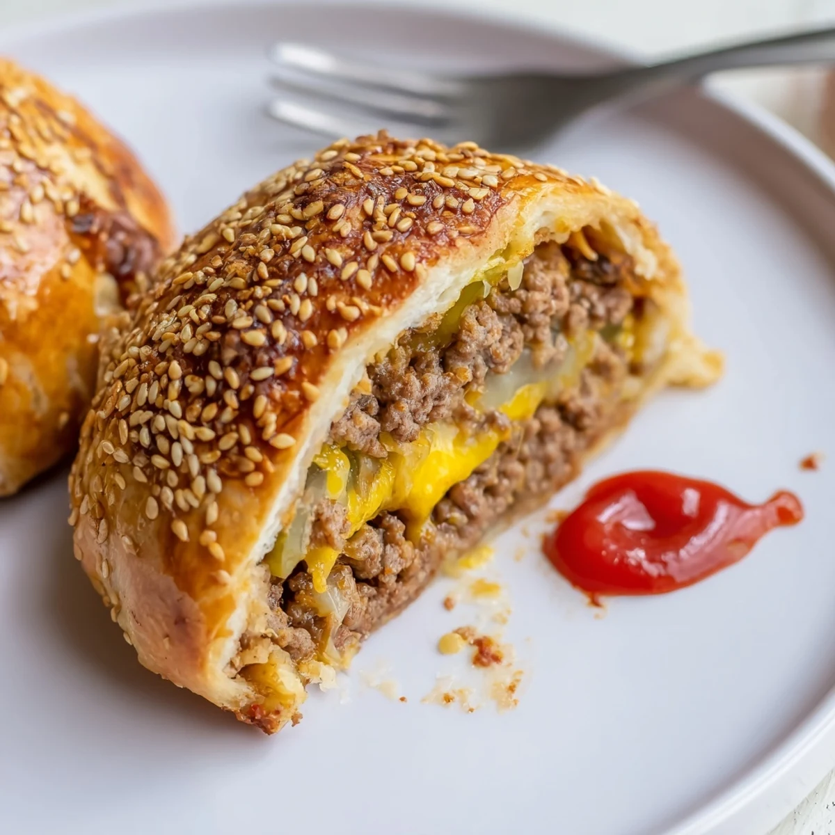 Warm and just-baked Cheesy Cheeseburger Bombs Explosion Recipe served with tangy ketchup