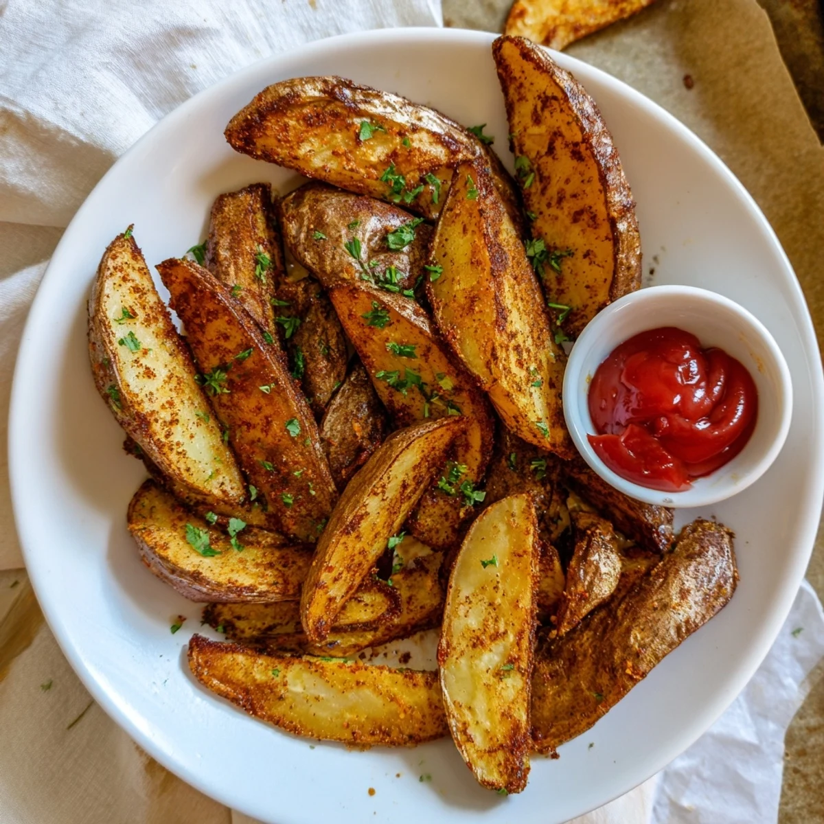 Crispy oven-baked Potato Wedges with golden edges, fluffy interior, sprinkled parsley.