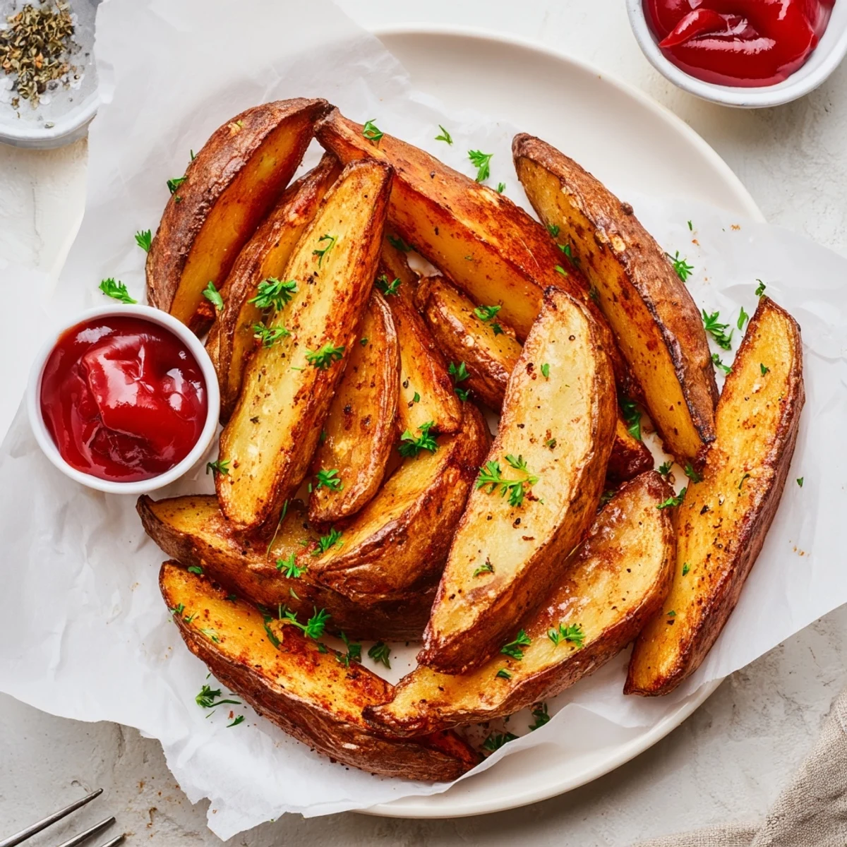 Seasoned Potato Wedges served hot on parchment, perfect for dipping in ketchup.
