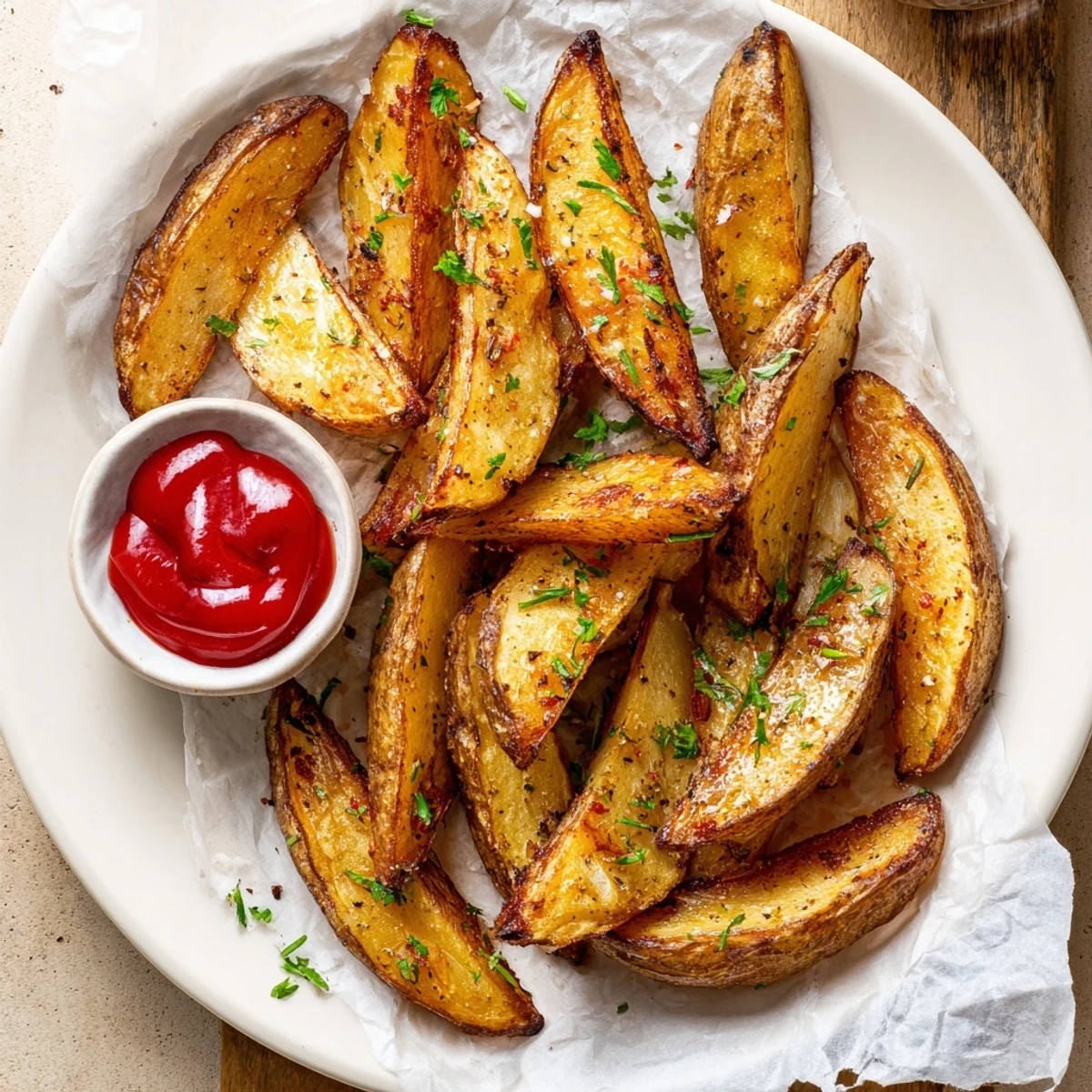 Rustic Potato Wedges roasted until crisp, skin-on, tossed with garlic and paprika.