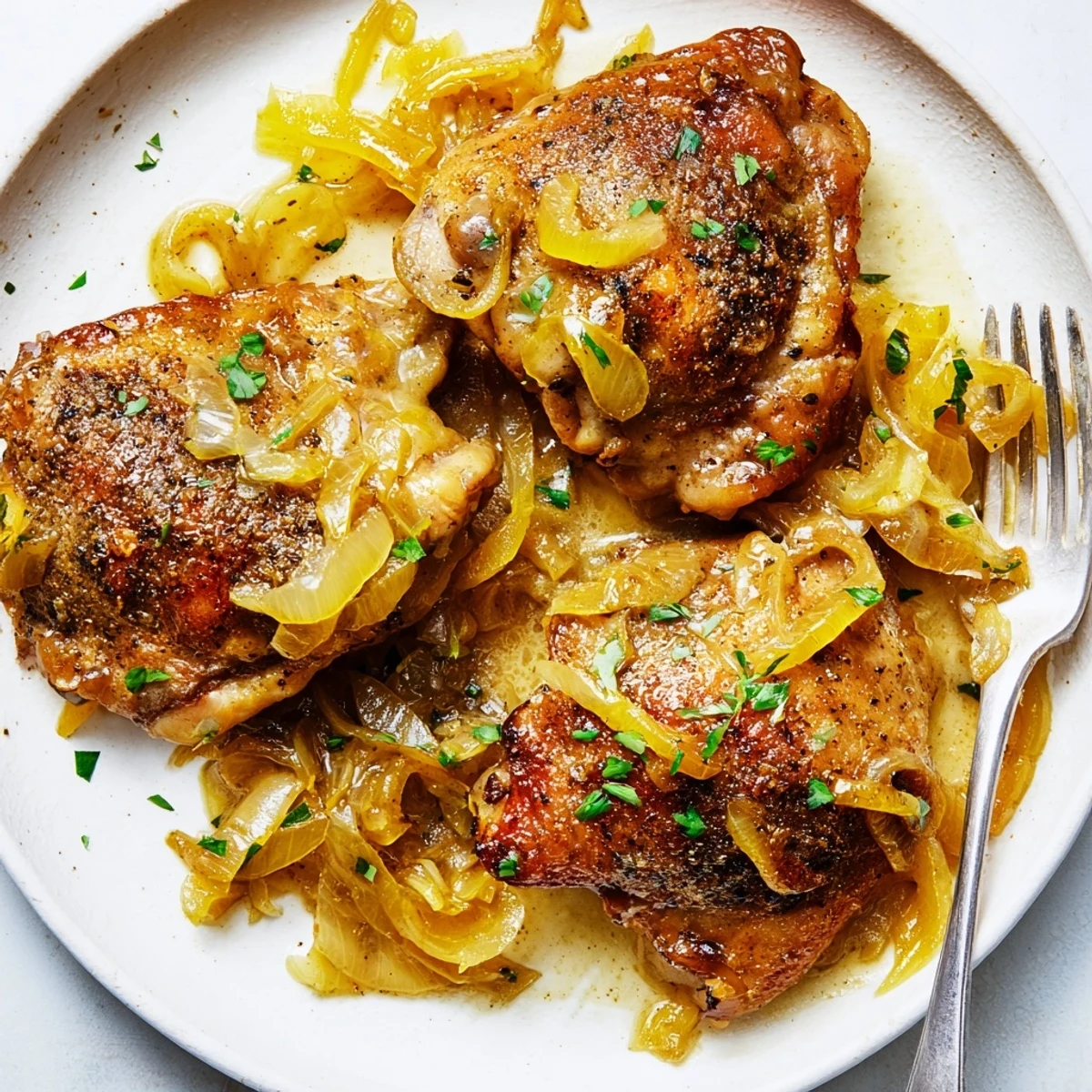 Golden seared thighs, caramelized onions — Savory Smothered Chicken Thighs In Rich Gravy Recipe