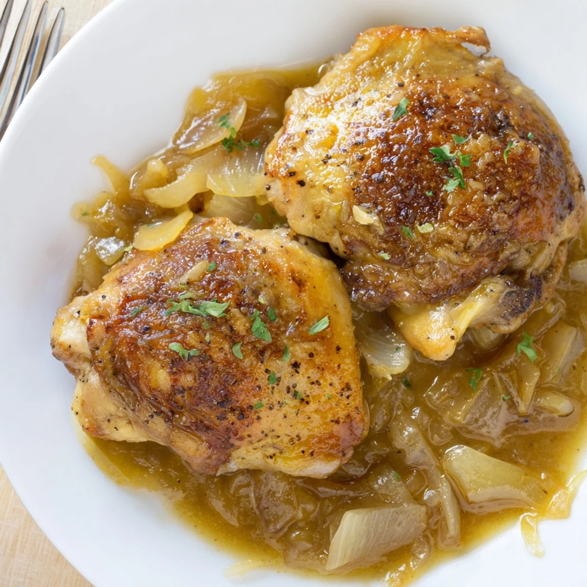 Warm, comforting Savory Smothered Chicken Thighs In Rich Gravy Recipe spooned over buttered noodles