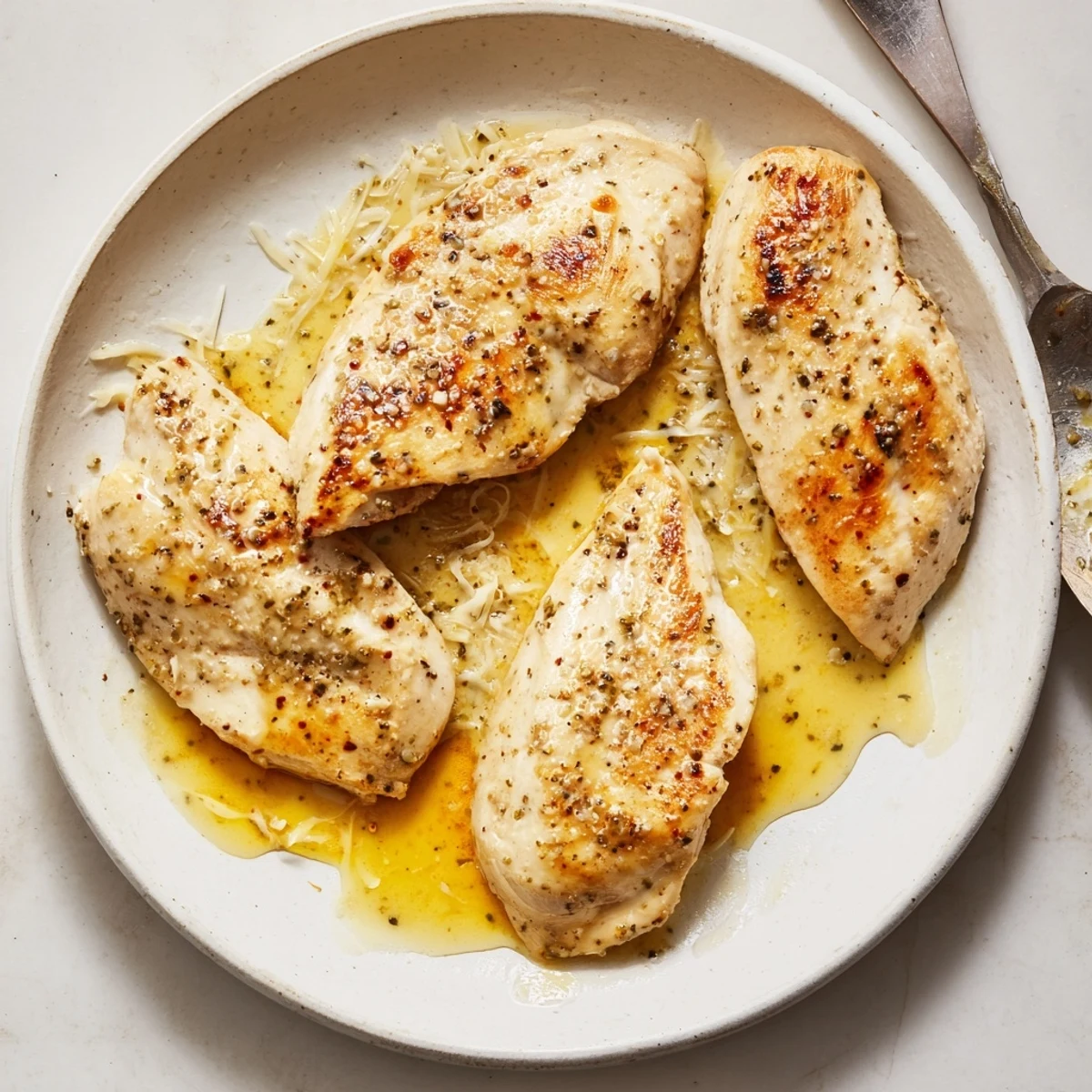 Golden-browned chicken breasts smothered in creamy Chicken With Cheese Sauce, steaming