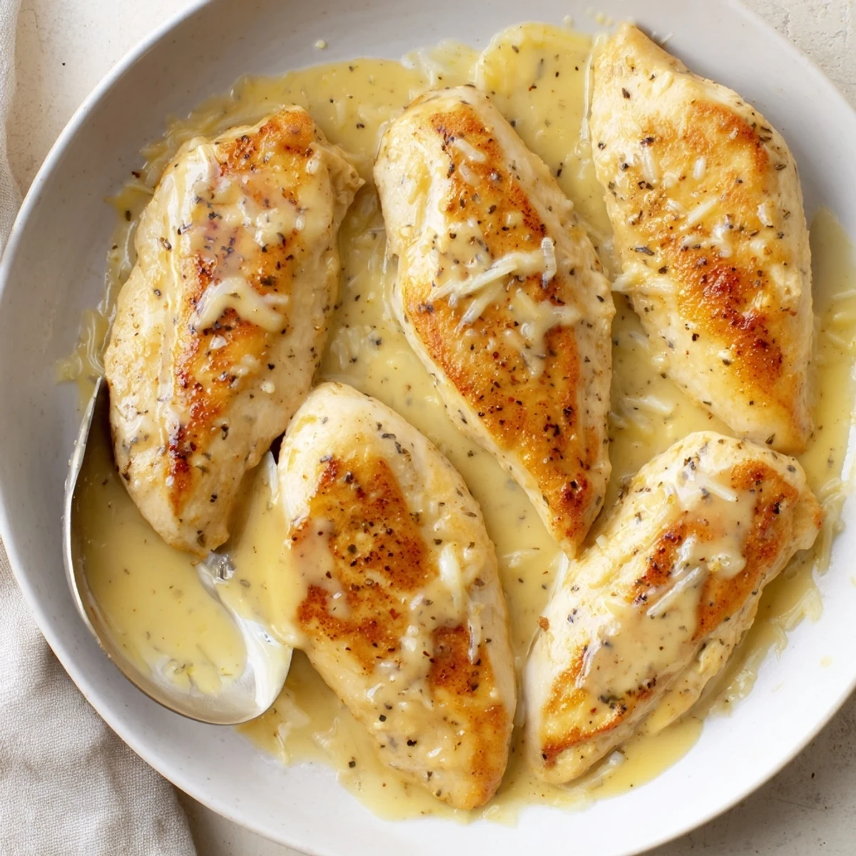 Seared Chicken With Cheese Sauce spooned over oven-baked breasts, silky melted cheddar topping