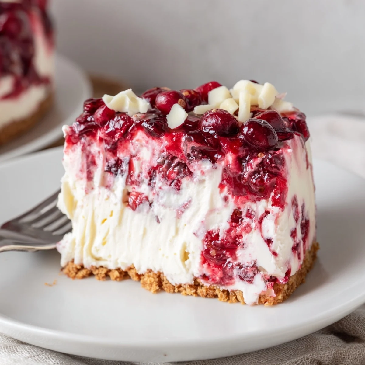 No Bake Cranberry White Chocolate Cheesecake on graham crust with glossy cranberry topping