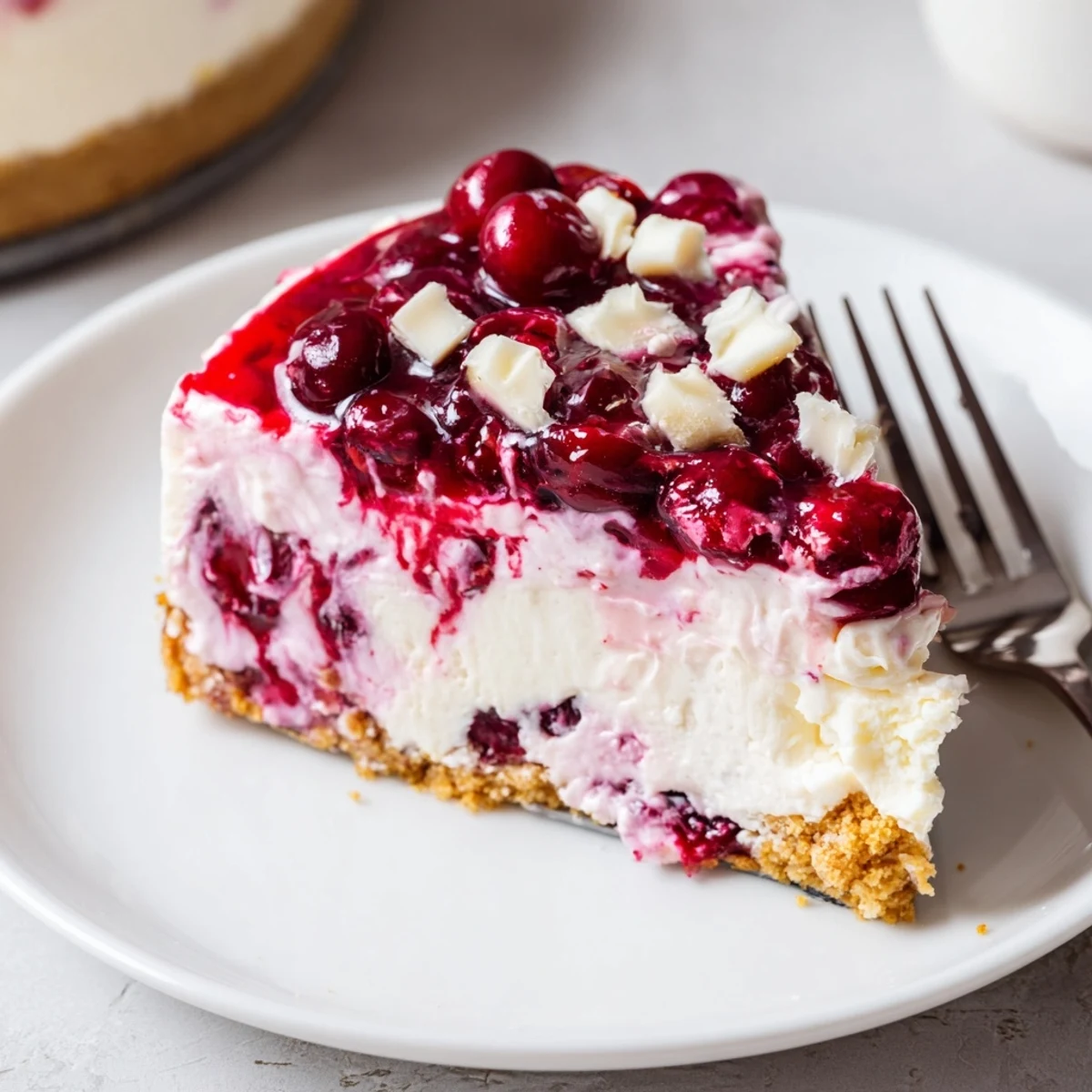 Slice No Bake Cranberry White Chocolate Cheesecake chilled, creamy, garnished with white chocolate shavings