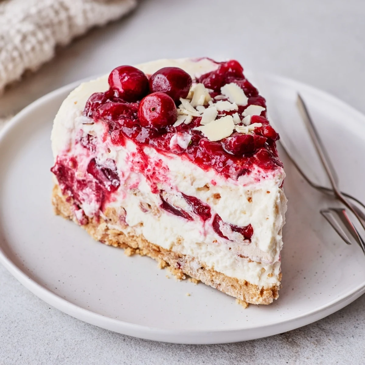 A wedge of No Bake Cranberry White Chocolate Cheesecake topped with tangy cranberry compote