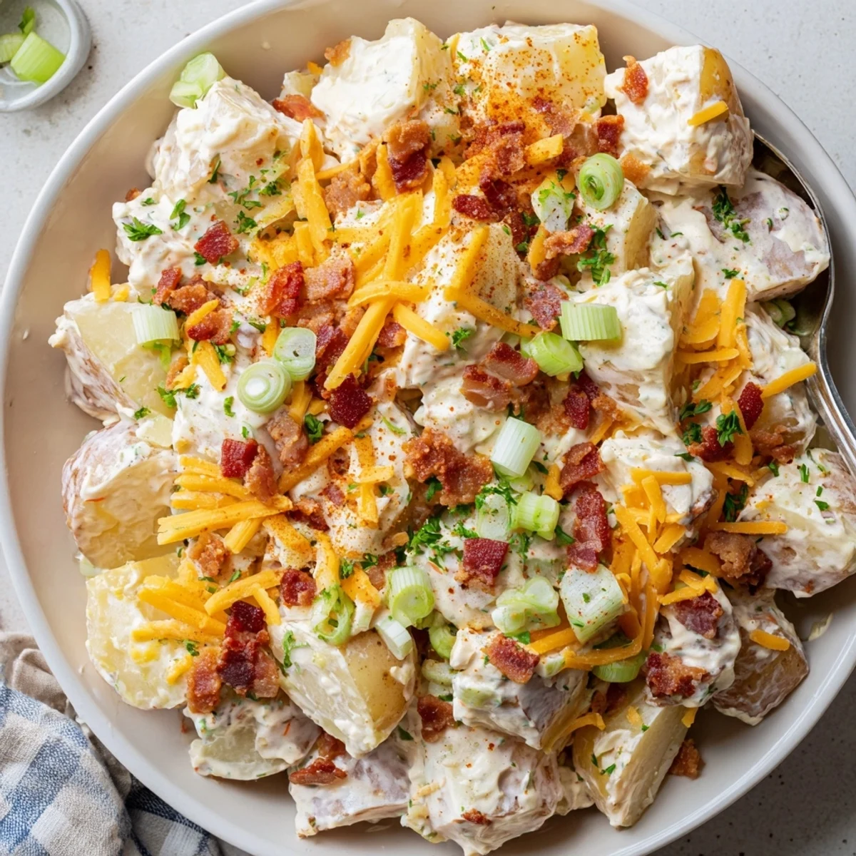 Creamy Beef Bacon Loaded Potato Salad garnished with parsley, green onions, served warm