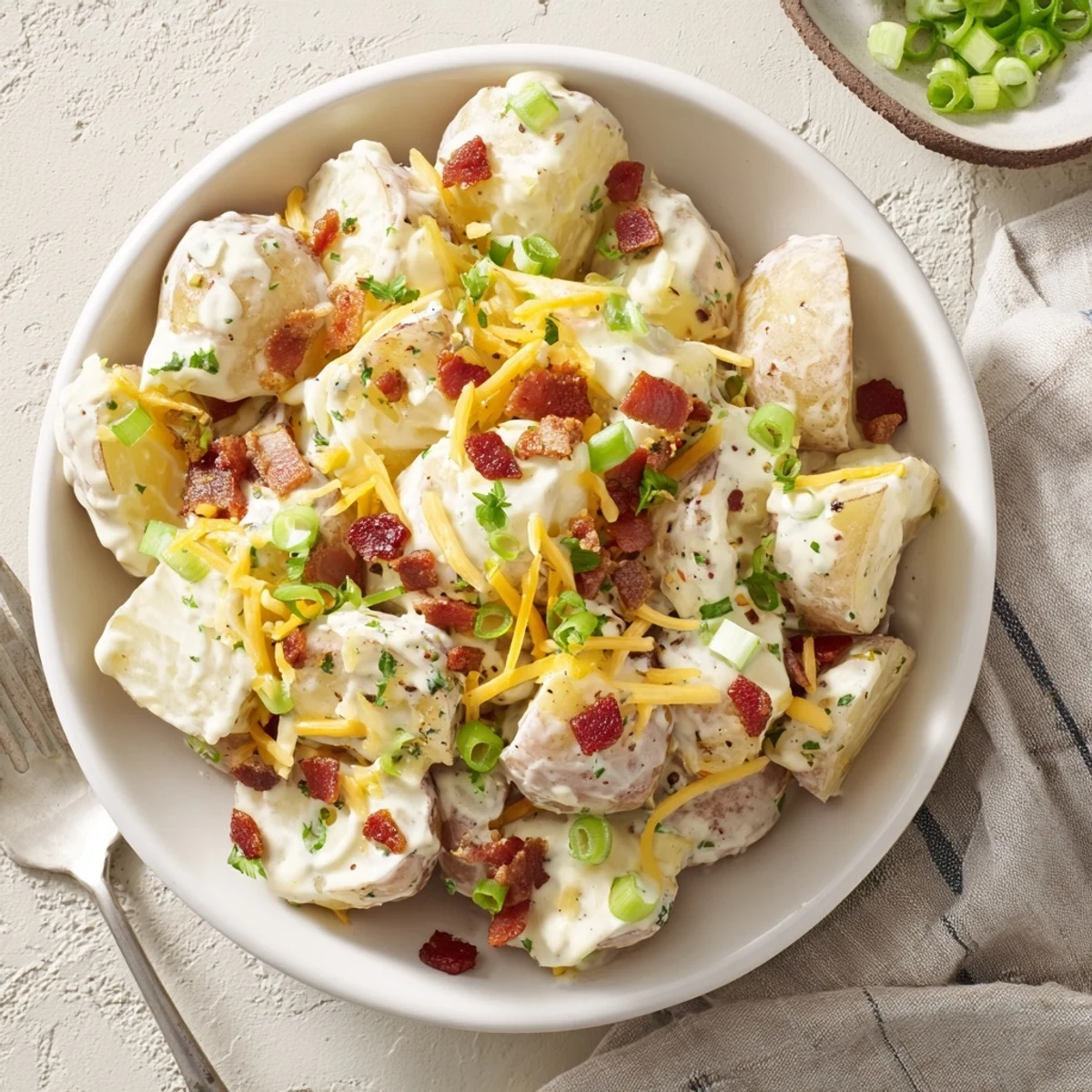 Beef Bacon Loaded Potato Salad piled high with crispy bacon and cheddar