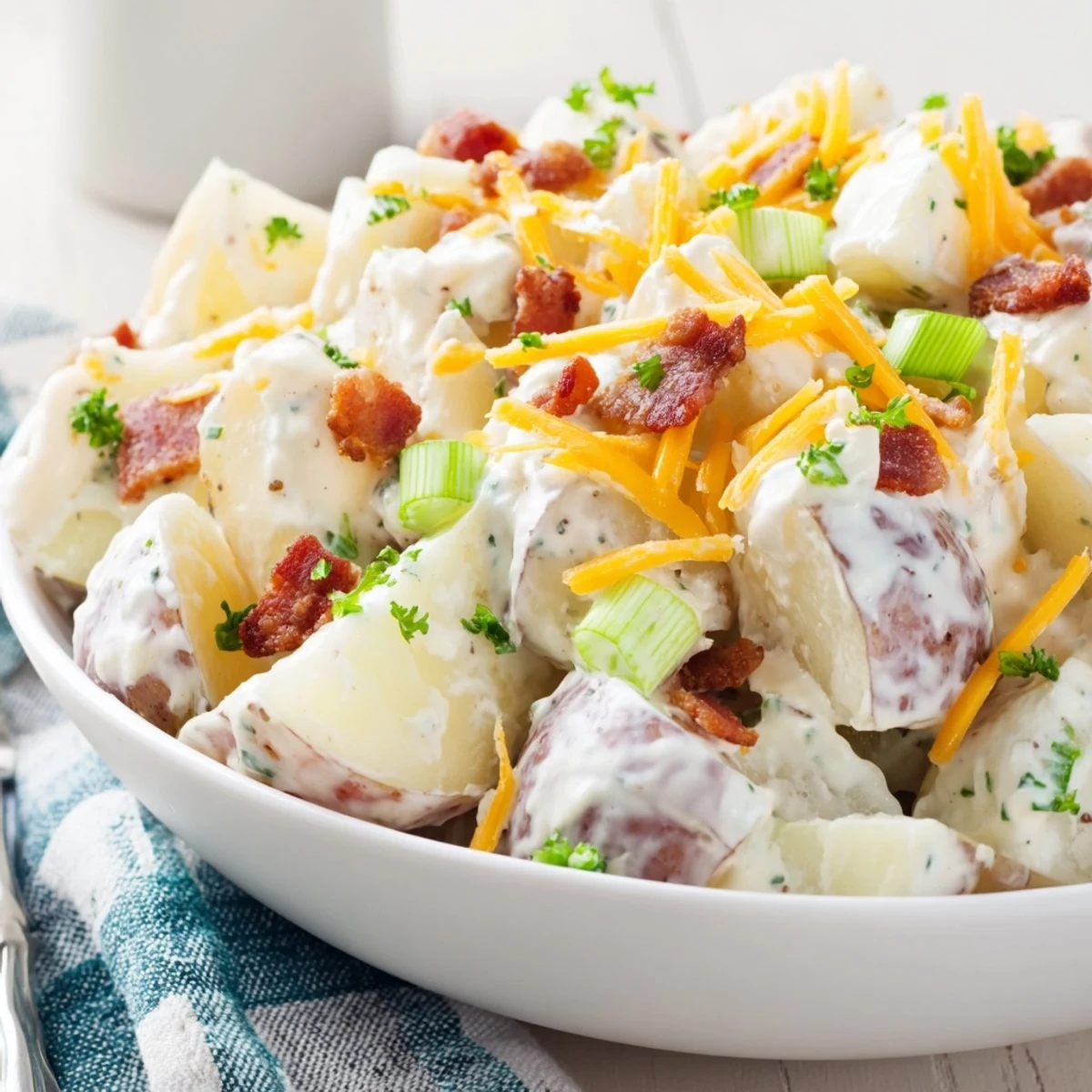 Hearty Beef Bacon Loaded Potato Salad for potlucks, tangy dressing and tender potatoes