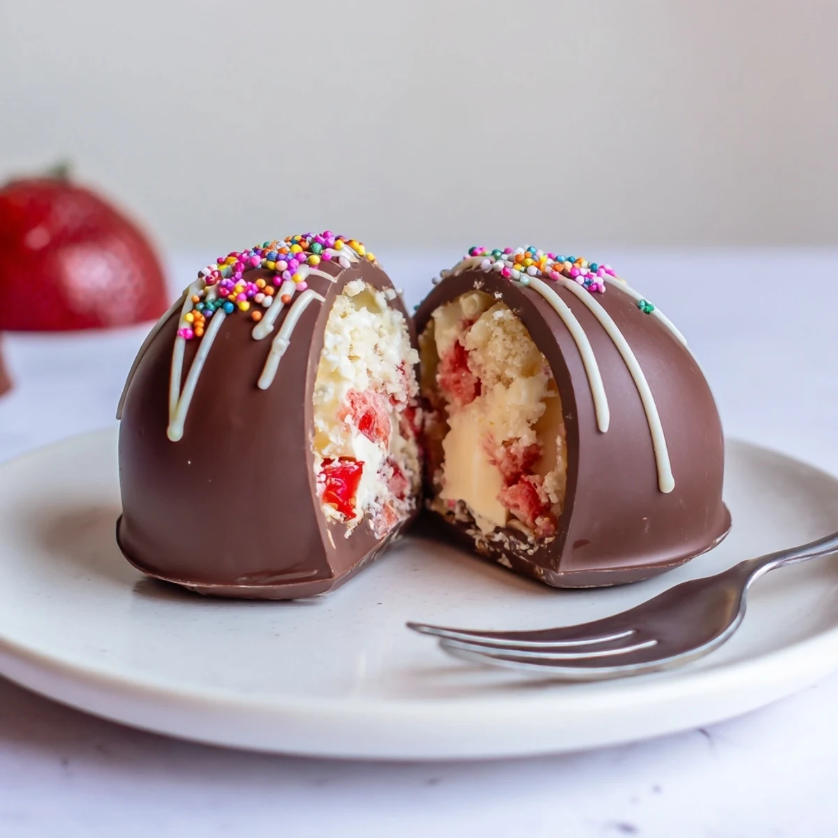 Strawberry Shortcake Easter Egg Bombs glistening with whipped cream and crushed shortcake