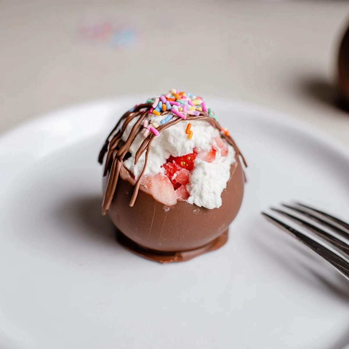 Plated Strawberry Shortcake Easter Egg Bombs with sprinkles, chocolate drizzle, perfect spring dessert