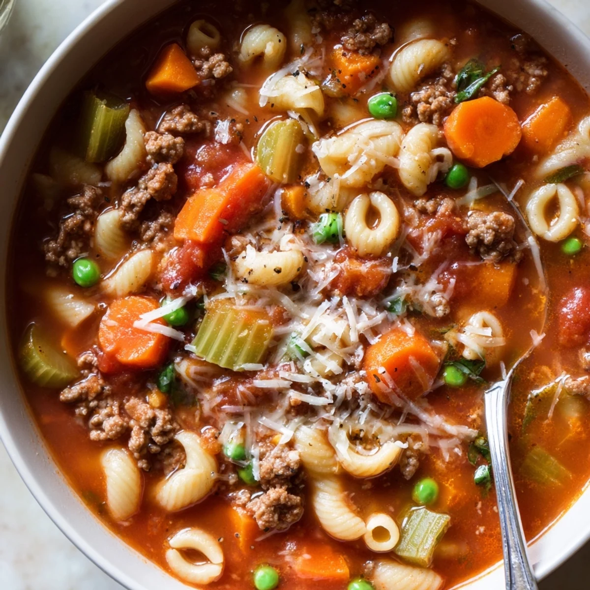 Steaming savory bowl of Delicious Homemade Ground Beef Pasta Soup Recipe For Comfort