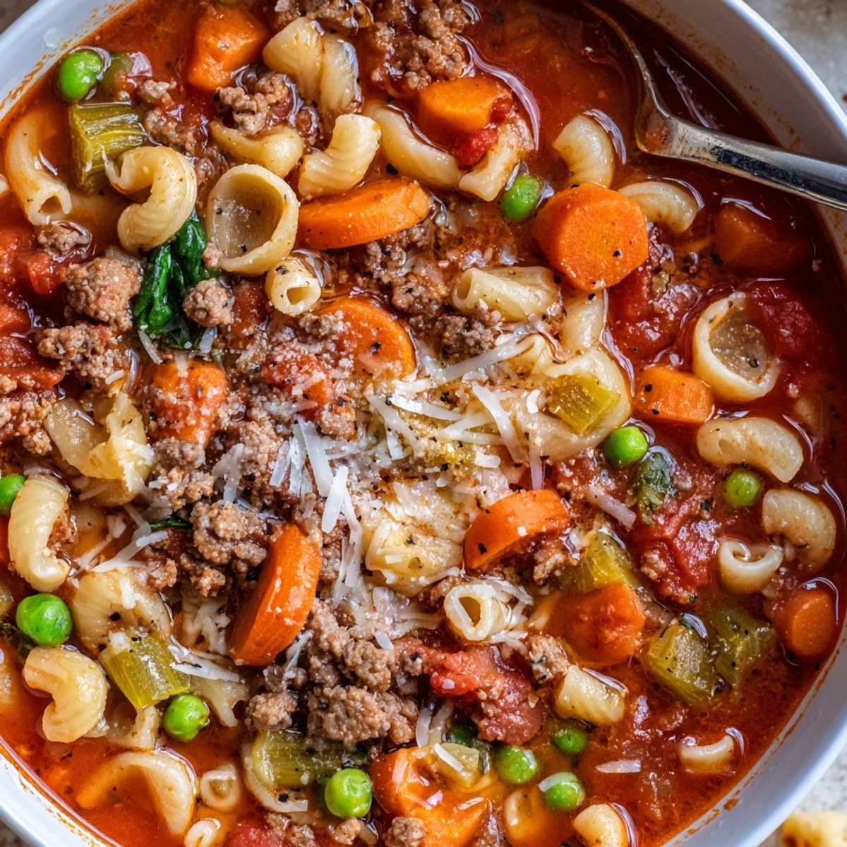 Delicious Homemade Ground Beef Pasta Soup Recipe For Comfort, garnished with grated Parmesan