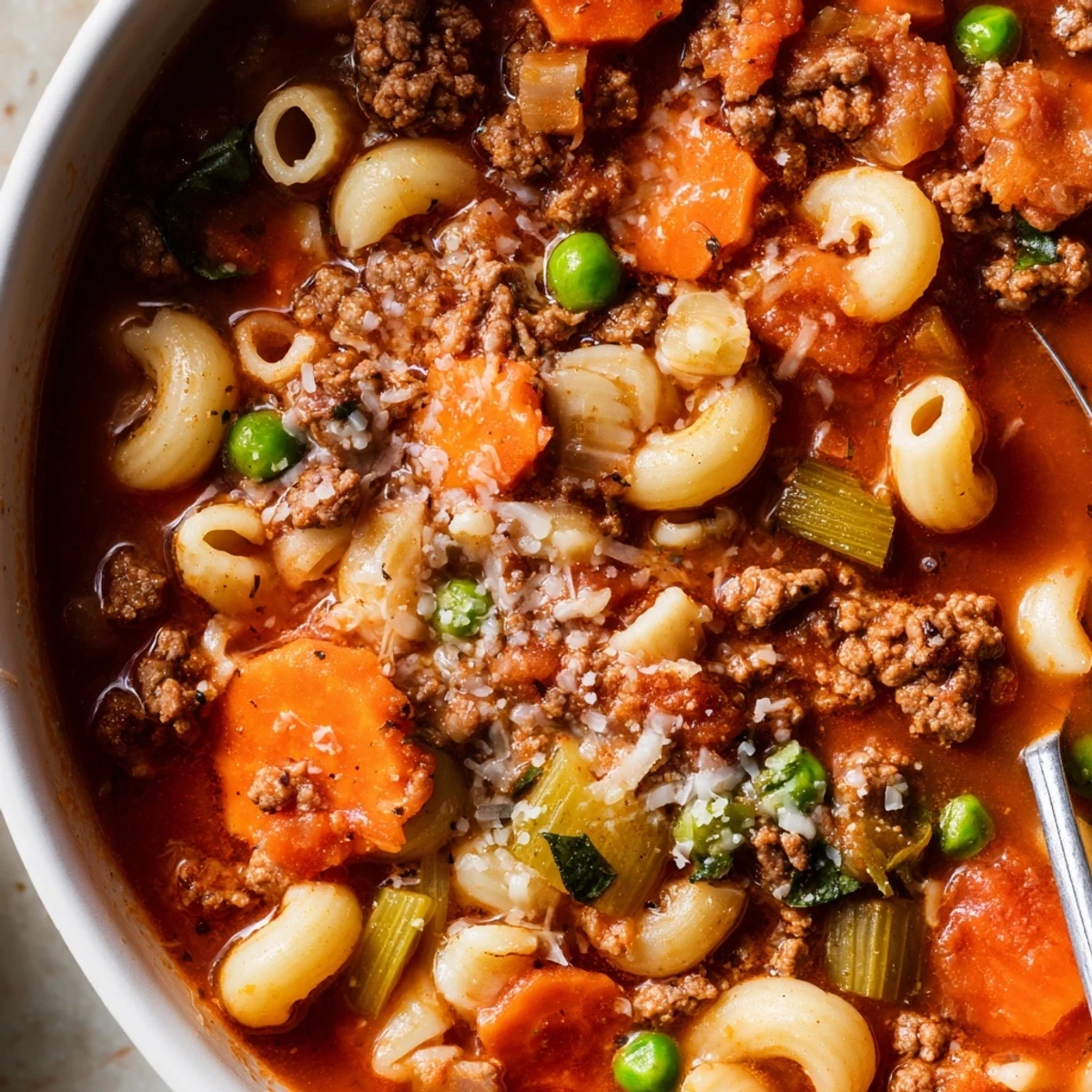 Ladle of Delicious Homemade Ground Beef Pasta Soup Recipe For Comfort beside crusty bread