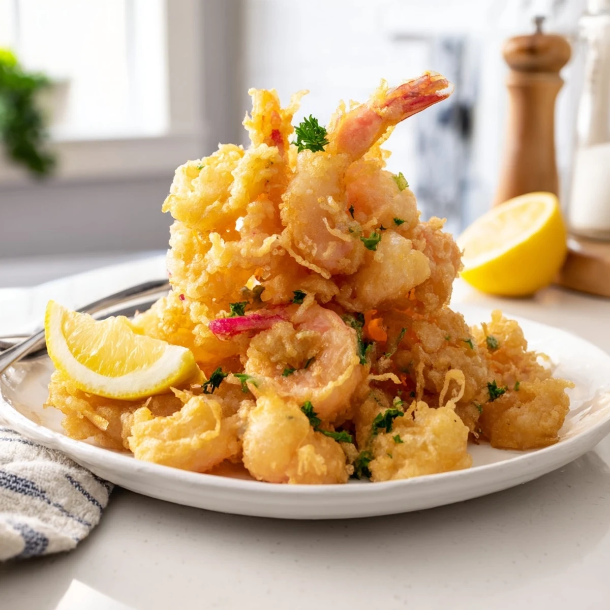 Close-up of Crispy Shrimp Fritto Misto, light airy batter glistening with oil  